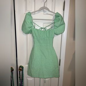 Green patterned mini tie up dress